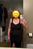 This dress fit nicely and was very comfortable. I go between a medium and a large on most clothing and the large was comfortable with a little room. I think the medium would have worked too because there is stretch to the material. The slit on this dress is almost right up the middle (it looks more off to the side than it really is). I have long legs and a long torso and this slit was a little too high for my comfort. I returned this dress. - Holly T.
