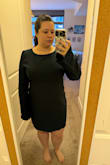 I think this is so cute and fun! I love the bow. It's a bit tight for me in the belly, but I like the fit everywhere else-- I think the back being so open gave me the bust room I need for the 34I chest. It's dark enough that it's a bit hard to see details, even in light that's better than my mirror light. I like where the hem falls, but I'll need to take up the sleeves by a couple inches and maybe tighten up the back to make it perfect for my shape. I was having some trouble with getting the waist seem where I thought it needed to be, until I looked at the model photo and realized it's deliberately curved and it wasn't just my chest pulling it out of whack. I'll definitely be keeping it and making some small adjustments. - Taylor D.