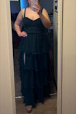 This dress is very cute! My only problem would be that is it a bit loose around the stomach area and gets bunched up. I tried to tie up the back as much as possible and it does decent at tightening it up. Overall, the dress has its quirks, but it is very flattering! - Maddie H.