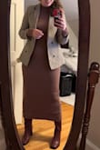 Love the neutral color and the weight of the fabric. The little bit of red undertone in the brown dress goes great with the new red boots I bought for it as well. I paired with a suit jacket for work but love it on its own as well. The large fit perfectly. - Evelyn C.