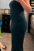 The fit was a bit tight but I'm on WW so I am hoping I will feel better about it in 6 weeks for my event! If not, there's always Spanx which I may end up wearing anyway! I definitely wouldn't have sized up. It's also long on me but I'm 5'2 so most things are {long on me}. I will be getting it hemmed before my event. I love the color and the neckline. I'm excited to wear it to my event! - Charley P.