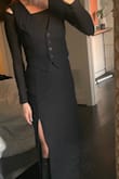 Loved how it hugs and cinches in the waist. I'm 5'3 and measure 35" bust, 27" waist, 35" hip and the small fits perfectly. The material is heavier but that makes it nice for work and being in offices. For work, I'm wearing it with a mock long sleeve underneath. While the slit isn't too high, will probably wear sheer tights, too. - Skye W.