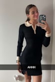 I have gotten so many compliments on this dress. I'm pretty tall so I wore tights under it with some booties and leg warmers. The cuffs and collar have the white accents which are super cute, no need to layer. The collar has a subtle ruffle on it which makes the dress feminine and professional. I definitely would not wear this on a night out but for work/conferences, yes. - Danica W.