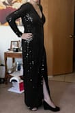 This dress is so elegant! It fits like a glove. I tried it in quickly, and I was slouching so my pictures aren't the best, but it feels so "rich". The material is thick enough that I don't need to wear any support undergarments to feel nice in it. (Might get a push up bra though. lol) - Connie S.