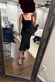 Needed a dress for a black tie wedding in March. Went with a midi since full length gowns can be hit or miss with my height, and I didn't want to be tripping/ripping fabric. It has a slight stretch (which I appreciate, no one likes a stiff dress) it's soft and hits in all the right places. You could probably go without a bra if you wanted. I'll likely grab a low back bra and dress it up with fancy jewelry and purse. 

I'm very thankful for all of the review photos people posted since it helps choose the right size. Lulus for the win! - Lauren A.