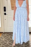 Dress is very long which for me with heels was perfect.  I saw other reviews about if being tight in the ribs. It was very snug for me but still fit. I think if I sized up it would have been too big. I'm planning on sewing under the arms on the side closed a little since it is pretty open.  Overall very pleased with the quality. - Pam C.