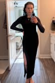 Love so much about this dress, but the color is my favorite, a rich dark brown perfect for fall/winter! Also love the button detailing down the slit! Long enough and warm enough that I could wear it without tights and not freeze to death (although I do live in NC so that's not necessarily saying much). Felt so classy and elegant. The slit added just enough spice to make it not feel dowdy. - Madison S.