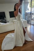 OMG I love it. The fabric is thick. Structured. The slit is so high and so sexy and I love it because it adds sexiness to the a-line dress. It has a slight sheen with the satin but not too crazy. It fit me perfectly after I took my bra off. I'll need to hem it off course because I'm short. But wow gorgeous. And for this price, can't go wrong. Love. I ordered a size 2 and it wasn't in stock. I'm so glad I went on the waitlist and got the 2 because it's perfect. Mahalo Lulus!!!! - RISS R.