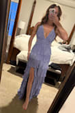 I love the way this fits! I typically get nervous to buy things I can't wear a bra with because I need the support, but this works great because you can tighten the top in the back as much as you need to get that lift! Fits perfectly at my waist, and I love the ruffles that hide my belly. Length will be perfect with heels. - Courtney R.