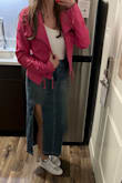 The reviews don't lie, this jacket is IT! Buttery soft, perfect length, and the bright pink color is so fun. I get compliments every time I wear it. As others stated, the jacket runs a touch small so I can't comfortably zip it, but I actually prefer to style it open anyway. I am 5'8" 155 lbs and the size large is perfect. I was also pleasantly surprised that the arms are long enough and didn't experience any tightness in the arms/shoulders/back. I want one in every color! - Elise C.