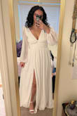 I got this dress for my elopement/courthouse wedding, and I'm so glad I did!! It's so flattering and I feel so elegant and beautiful in it. I have a bigger chest so I was worried about the dress showing too much, but for my preferences, it fit and looks perfect. Just a note- I'm 5'5 and had to have the dress hemmed (not pictured) to not trip all over it. So just something to be mindful of if you're looking for something quick for an elopement! - Emily L.