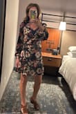 Purchased this wrap dress for a work conference. Loved the colors in it and the wrap style is super cute. I thought it ran true to size. I have a larger chest so I did add a navy bralette under it. - Diane A.