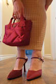 The satin fabric was beautiful and the mule itself was just as pictured.  I am a true 8 1/2 and was on the fence on whether to size down or up. Another review mentioned they were a 1/2  size and went down and it fit fine. That was not the case for me as my heel was overlapping the edge. I was so bummed since I bought on final sale and couldn't exchange.  They are comfortable and I'll just opt to wear with pants or long dresses to make it less noticeable. - Nan T.