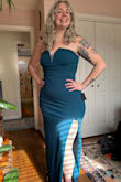 Fits me really well. I'm very pear shaped with a tiny bust, little waist and big booty, but the stretchy material goes a long way. Some shapewear will definitely help it be more flattering. It seems like it should stay up for dancing/all-day wear, but I do NOT trust this zipper. I put it on over my head! - Molly G.