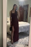 Absolutely love this dress! Very flattering around the stomach, long enough to wear with heels and I'm 5'7. The straps were slightly loose but not terrible. I didn't wear a bra with it. The slit is very high, had to strategically place my napkin on my lap when sitting. - Rachel L.