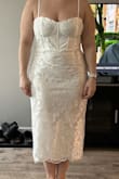 The lace on the dress was shiny which made it look cheap. It also didn't look that way on the dress the model was wearing. The fit was pretty good, except the chest area had the cup outline in the design and my bust was definitely not going with the cup. But squished in and down, they didn't look too bad haha - Marleigh O.