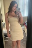 This dress is so cute! It wrinkles slightly due to the fabric so be aware. It's a decent thickness too so that it's not constrictive but is smoothing. In between a bodycon and thicker linen. Not too hot either so I plan to wear this in summer. I also like that I could wear normal bras and underwear. Neither garment really showed. I liked that it wasn't too short on me. - Kelsie H.