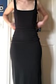 This is a great dress, I just decided that this neckline wasn't super flattering on me, and I didn't want to show off my hips this much lol. I'd recommend getting some sticky boob covers to enhance the girls if you care about that/you're a member of the IBTC. The waist was nice and snug and the area around the hips stretched beautifully. This was an XS so I was sure it wouldn't fit me in the hips but I was surprised. You can see that the back can get loose depending on your position so some kind of body tape on the straps would be good. If you like how the dress flatters you it's definitely worth the inconvenience of the tape. Other than that it's a very comfortable dress. If I had kept it I would have had to hem it. - Jenna C.