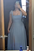 I had ordered this for my thesis show/ graduation and didn't think I wanted a plain fabric, but I went for it anyway... I love the way this fits on me, and I can wear(hide) a bra with this, which is a HUGE plus. I have an hourglass figure and have trouble finding things that fit my waist and my bust, but this is truly a nice, snug fit, which is hard to find. I will say it is 2-3 inches too long, and I'm wearing platform heels; if that isn't something you're looking for, you will have to get it hemmed. - Aeryn H.