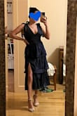 Really cute dress. Color was super cute and thought the slit was great addition. Definitely a little stiff coming out of package, but falls out after a bit. Main issue was the top. I'm definitely not flat chested and felt like the straps that go over the boobs kind of flattened my boobs. There's a side section that felt like it provided too much material and kind of puffed out a bit. Should have taken a closer picture, but all in all, very cute - Emma M.