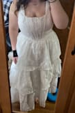 I bought this for my bridal shower and it's so cute. I have a hard time finding something that fits my chest, and this is perfect! I'm 5'4 & 190lbs and I would say it's a little long. It touches my ankles. There's some stitching coming loose around the zipper, but I'm still going to wear it! - Taylor T.