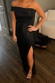I love this dress! It fits perfectly. It is very flattering. I got a M and I love the way it fits. I could've possibly done a small but overall happy with the fit. The off the shoulder detail is unique and makes it a little different than a typical black dress. I'm wearing it to a gala I have coming up! - Kenda S.