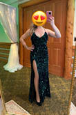 I have to start out by saying if you're looking for a special event dress, just say yes to this dress!

I bought this dress for a charity fundraiser gala, and it was a huge success. I received more than a handful of compliments from other women, several who insisted I find something to wear this dress to again. I do want to wear this again! It was a great feeling to know I'd picked the right dress for me and that there are so many of us out there who freely give each other uplifting compliments.

The material of the dress (not straps) is black velvet with green sequins, which gives the dress a very nice depth and dimension. Normally, sequins feel like they scratch up my arms, but this dress didn't! I love that the straps are adjustable too.

I wore platform heels which helped because otherwise the dress would have been dragging. Im 55.

I cannot wait to wear this dress again. - Ingrid F.