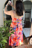 This dress is so so pretty! The colors are bright and beautiful. Perfect for a summer wedding and a resort! I'm able to go braless because of the fit and I feel comfortable! The dress is flowy and stunning. The back detail is beautiful too. All in all- highly recommend this dress! - Roopal K.