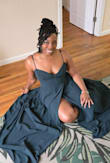The dress worked so well (unintentionally matched the color scheme of this intimate wedding). The drape is great and moves quite well for us dance machines. The mesh v cut in the bust was perfect for subtly showing off my long necklace and accenting a little cleavage. LOVE a good slit moment, but definitely could have used a slightly taller heel to make sure the dress wasn't brushing the ground (not much but needed to hold it up a bit out of sheer caution). 

Two drawbacks: the thin straps cutting into my shoulders by the end of the night and the bust area not fitting to the body more (maybe the button section on the upper back could have been a little more reinforced or I would have needed to wear a bra to fill out the space in front). Also, if you sweat like me, then be sure to air out the pits (thankfully no staining there). - Lindsay A.