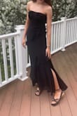Bought for my daughter for Prom. It is a stunning and classy dress! She got many compliments! The best part is she'll be able to wear this perfect black dress again in the future. The fit was great around the bust, but did gape a tiny bit on her lower back. She is a size 00/0 with a 33" inseam. The length hit perfectly with no alterations. - Rachel P.