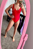 Can't wait to wear this on our upcoming beach vacation! My husband suggested a red Bay Watch inspired swimsuit, and this one is perfect. The material is buttery soft, and the adjustable straps are great! The back is cheekier than I am used to, but it fits so well. - Amber M.