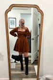 Got this dress for a rehearsal dinner. I didn't end up wearing it, but I will be keeping it! It fits really nicely, and the color is perfect for the summer and fall. I have a smaller chest, so I didn't have the same issues as other reviewers; if anything, that area was a little big on me. - Erin O.