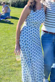 Beautiful gold and blue color woven through, good quality, double lined, best to wear with a sticky bra. - Jaclyn B.