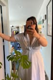 I loved the material, it's super cute, but I gained some weight. I'm 3 months postpartum, and my shape is different from what I'm used to. This dress hides the hips and belly well, but it's tight on my shoulders. I exchanged for a large one and had the same problem. I feel like if I hug someone, the back of the dress by the shoulders would rip. I guess this is my big back era. - Steph W.