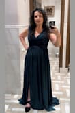 I am so glad I ordered this dress in both L (recommended size) and XL, because the large was too small around my waist. That being said, everything else about this dress is PERFECTION! I wore this to a formal wedding and received tons of compliments. The color is stunning, the neckline is just revealing enough to be sexy without being inappropriate, slits are the same - a little sexy but not too revealing, the cut is perfect for hiding the bad  (my B-belly/apron) while accentuating the good (a little cleavage and a little leg.) I ordered several dresses to try for this event (which was extremely last minute), but this one was my "safety dress" because I knew this cut and style would be flattering on me. I definitely recommend sizing up, though. My only "complaint", which isn't really a complaint, just an observation, is the zipper. While trying on all of the dresses I ordered, my husband had difficulty with the zippers on all of them, especially where there is gathered fabric, like around the waist. - Terri N.