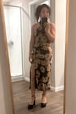 I read the reviews and sized down, I usually wear a small. This dress fits me like a glove and makes my athletic, built body look like an hourglass shape, and I can't with the excitement. Love the color of the flowers that are like a rusty gold. The feel of the fabric is super nice. I'll wear without a bra size I have very small breasts. I think that you can dress it up or down with different shoe styles. The low back makes it super sexy but it's definitely not too much.
I'm super happy with my purchase. - Dora C.
