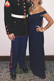 Ordered this dress for my boyfriends marine ball & got tons of compliments! it fits perfectly and i didnt have to get it hemmed, heels helping. Huge plus i didnt have to wear a bra with it because everything felt secure enough and the lace chest part is thick,but the dress itself is not too heavy! My arms were a bit tight when i tried to move them certain directions but other than that its a gorgeous dress and wish i had somewhere else to wear it to!! 100% recommend! - Stephanie C.