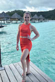 I absolutely love this set! It's very comfortable to wear and the skirt is even short girl friendly. The color is beautiful, too. IMO runs true to size. I get compliments constantly when I wear it. My only word of caution is when you hand wash it, I had a decent amount of color bleeding so just make sure the dye doesn't run off onto anything (but that's probably why it's hand wash only). - Hannah B.