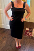 This dress is the perfect little black dress when you want the body contour look. It fit my shape perfectly and the material is thick enough to disguise the lesser favorite parts of my body. The straps were a little long, but I think that's because I am small-chested. With the right bra, it fit great. - Allison S.