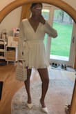 If you are a bride, please get this romper for one of your bridal events.  It is such a classy and flattering silhouette. The sleeves are flared and airy, and the best part is that it shorts!! I'm obsessed with this fit. Picture is all Lulus, including shoes and bag. - Durga F.