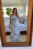 This dress is perfect for a wedding guest dress. I tried all 3 colors. The pink purple was too purple for me. The pink and green was pretty and I like the blue and kept that one in a size small. Fabric is very flowy. - Lisa C.