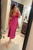 I received so many compliments on this dress! People asking where I got it, and even asking to borrow it. The color is perfect for a spring/summer wedding! It's a thicker material, which is nice. I'm normally between a M and a L, I'm glad I went with the M, it fit very well!! I'm small-ish in the chest, so the top was a little loose, but I just added some double sided tape and that corrected the issue! - Erin H.