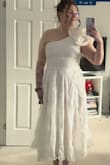 I would definitely size up in this dress as it fits very snug around the bust/waist, and the fabric isn't very forgiving. Very flattering fit! Bought this for my rehearsal dinner, and I think it will be great. - Kathleen Y.