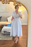 I went back and forth on this one before I ordered. I'm so glad I decided to go for it. I wore it to baby shower and got so many compliments. I got a medium and it fit perfectly. I didn't think it was too long, but I'm slightly on the taller side at 5'7. It is tea length. Love that it has pockets, too!! - Sara L.