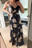 I selected this dress for a late summer wedding. It fits my small chest well thanks to the adjustable straps. The high waist and wrap chest is super flattering and slit is reasonable height. The dress itself is lined and was perfect length with a few inch heels!

I love that I'll be able to rewear this for other events. - Crystal L.