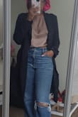 It's cute, true to size, no stretch, unlined, kinda like a work trouser fabric, thin n lightweight, and true to size. Bought this for chill night out in spring n fall. Pair nicely with my jeans. There's enough room to wear your light long-sleeved sweaters. Overall, for how much, I'm happy and will make it work. - Peggyan L.
