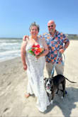 Purchased this dress on a whim last year for our 10 year vow renewal, which occurred this morning on the Gulf. Comfort is key, today was over 86 degrees (May in Texas) and humid. When choosing this gown, I was looking for a dress that would be light, elegant, well made, beachy vibe and possibly something I could wear over again if I wanted to. The halter style makes it less formal; the leg slit is very sexy. My husband loved seeing me in this dress. I ended up adding bust cups and stitched them in, I did not hem it as with my flip flops they had a bit of a wedge and it was long enough and made a bit of a train. The fabric is so comfortable and perfect for island breezes. It is a bit of a challenge getting into it with the straps. I felt a little naked with no skirt lining so I bought some deep tan Spanx type shorts for under it that blended with the bodysuit. Perfect! Here is a photo of my fabulous dress, my handsome husband and our beautiful dog who was our flower dog. - Tatjana M.