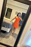 The reviews said it ran big. I am normally a medium in Lulus, so I ordered a small. Returned for a medium. Still too small in bust area. Exchanged for a large and it's perfect. I wouldn't go through all this but the color just pops. It's a beautiful orange. I'm 5'2 135 lbs 28 inch waist 38" hips. Thank you to Dee in customer service for making sure it got to me before vacation. This dress is gorgeous. Can't wait to show it off! - Carolyn C.