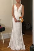 I ordered this dress as a potential wedding dress. My bridesmaids and I loved the front of the dress. The straps are very elegant and shows off your collar bone nicely. The deep V looks very nice as well with the mesh. The fit is amazing, even the length is perfect with heels. Cons: the back is kind of meh but can be altered, the mesh in the front isn't sewn on straight, not sure if it's just the one I got or if it's an issue across the board. - Wendan L.