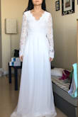 Ordered this dress as a potential wedding dress but it ended up too casual and a little too boho for me. The top was also large on me, the sleeves are too long and loose as well. I did like the scalloped edge in the front and the open back and the skirt was nice and flowy. - Wendan L.